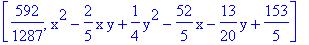 [592/1287, x^2-2/5*x*y+1/4*y^2-52/5*x-13/20*y+153/5]